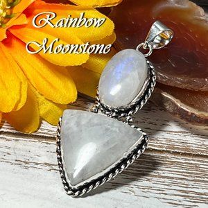 Moonstone Pendant Large Handmade Gemstone Crystal 925 Silver Bohemian Ethnic